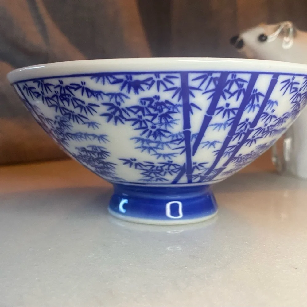 Vintage‎ Asian Blue & White Porcelain Rice Bowl – Bamboo Pattern, 4.75”, 130g